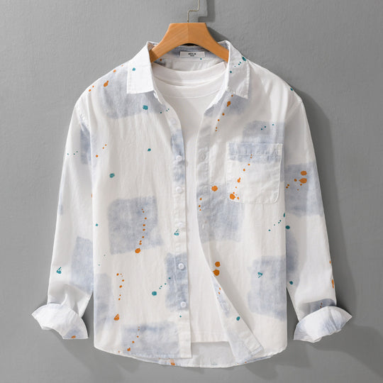 Herren Leichtes Baumwollhemd Relaxed‑Fit mit künstlerischem Sprenkel‑ und Aquarellpatch-Print Shop Nory