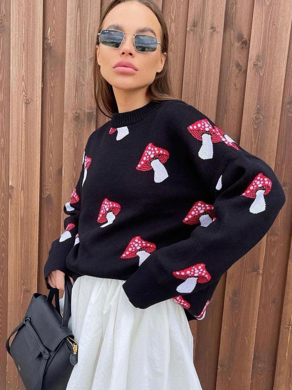 Damen weiter Strickpullover mit Pilzmotiv Rundhals Rippbündchen Shop Nory