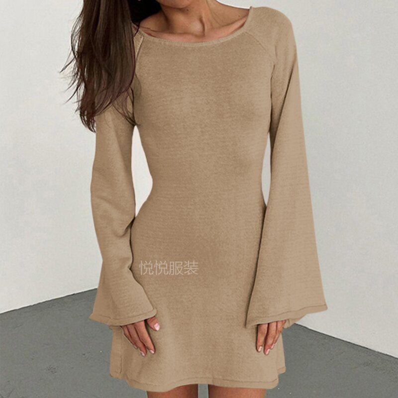 Damen elegantes Strickkleid mit weitem Ärmel und figurbetonter Silhouette