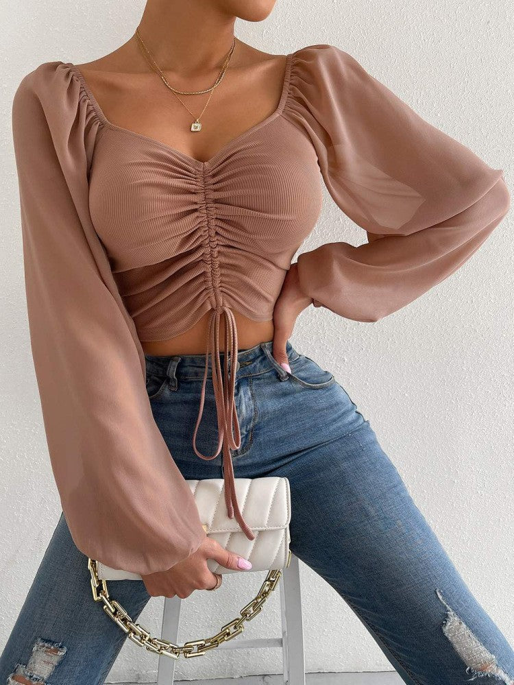 Damen Crop-Top mit strukturiertem Körper und eleganten Puffärmeln