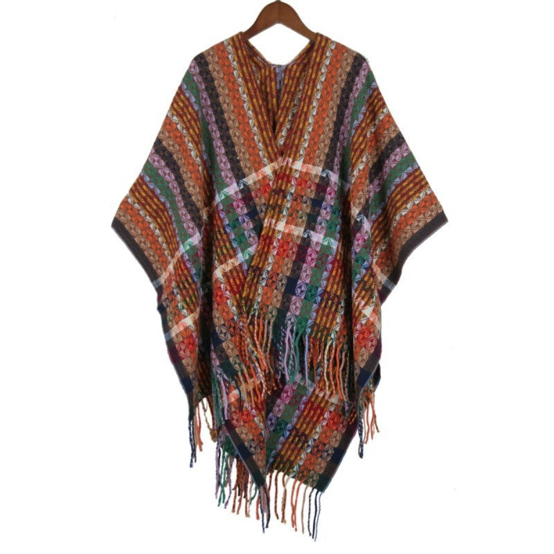 Damen Mehrfarbiger Web‑Poncho im Boho‑Patchwork‑Design mit Fransen Shop Nory