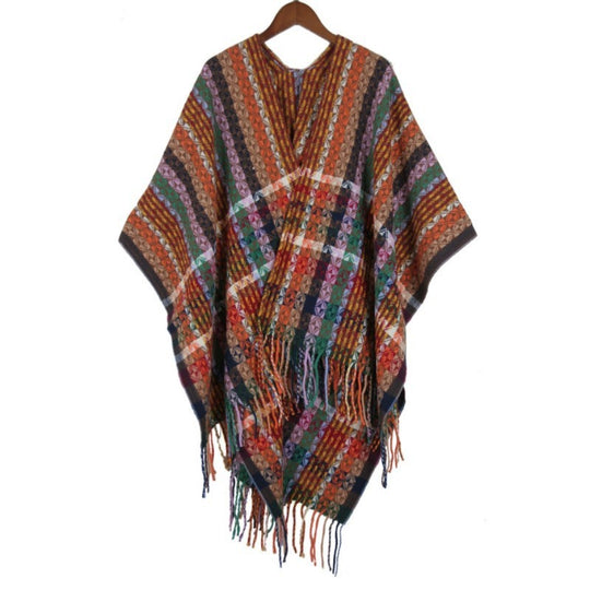 Damen Mehrfarbiger Web‑Poncho im Boho‑Patchwork‑Design mit Fransen Shop Nory