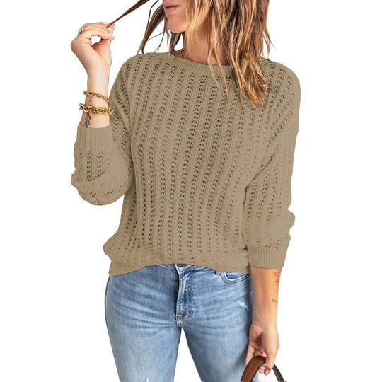 Damen Lockerer Ajour-Strickpullover mit Rundhalsausschnitt und Rippbündchen Shop Nory