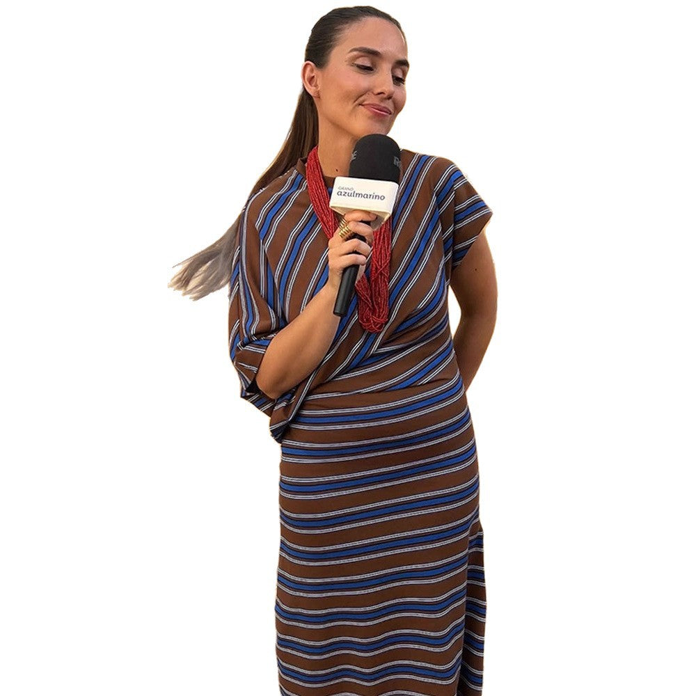 Damen Gestreiftes Maxikleid mit asymmetrischer Cape-Ärmelung & taillierter Silhouette Shop Nory