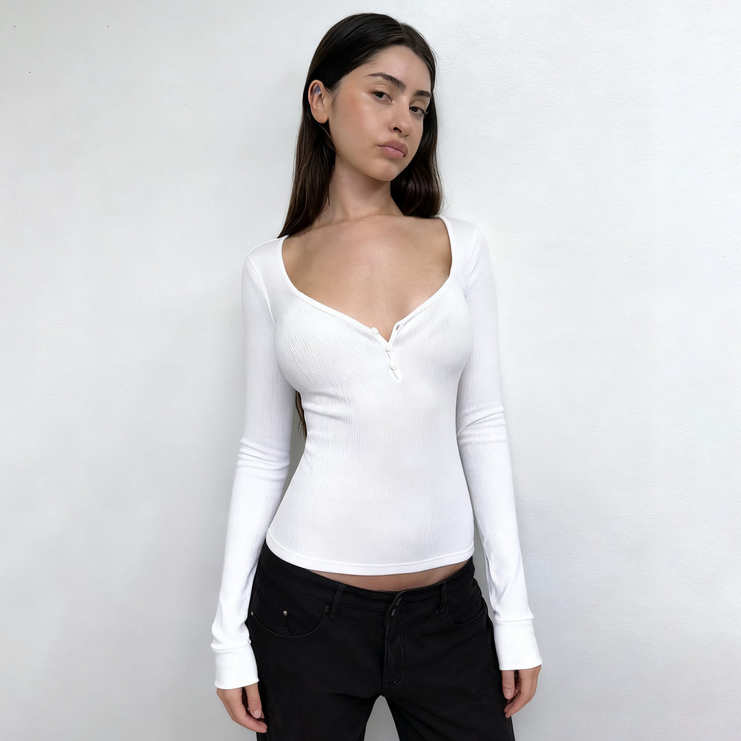 Damen nan figurbetontes geripptes Langarm-Henley-Top mit tiefem V-Ausschnitt und Knopfleiste Shop Nory