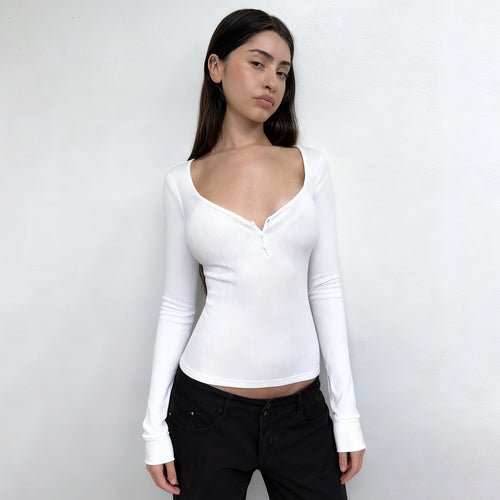 Damen nan figurbetontes geripptes Langarm-Henley-Top mit tiefem V-Ausschnitt und Knopfleiste Shop Nory