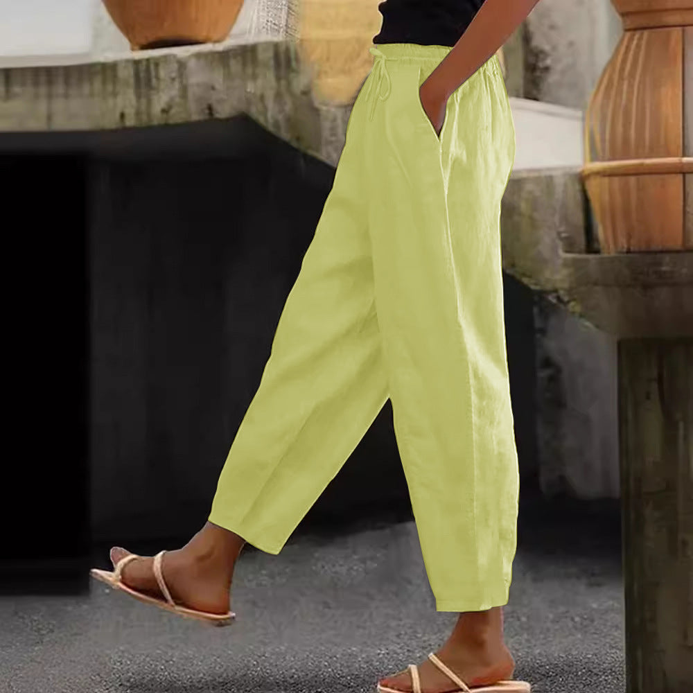 Damen Leinen-Mischung Cropped-Hose mit elastischem Bund, Kordelzug und Seitentaschen Shop Nory