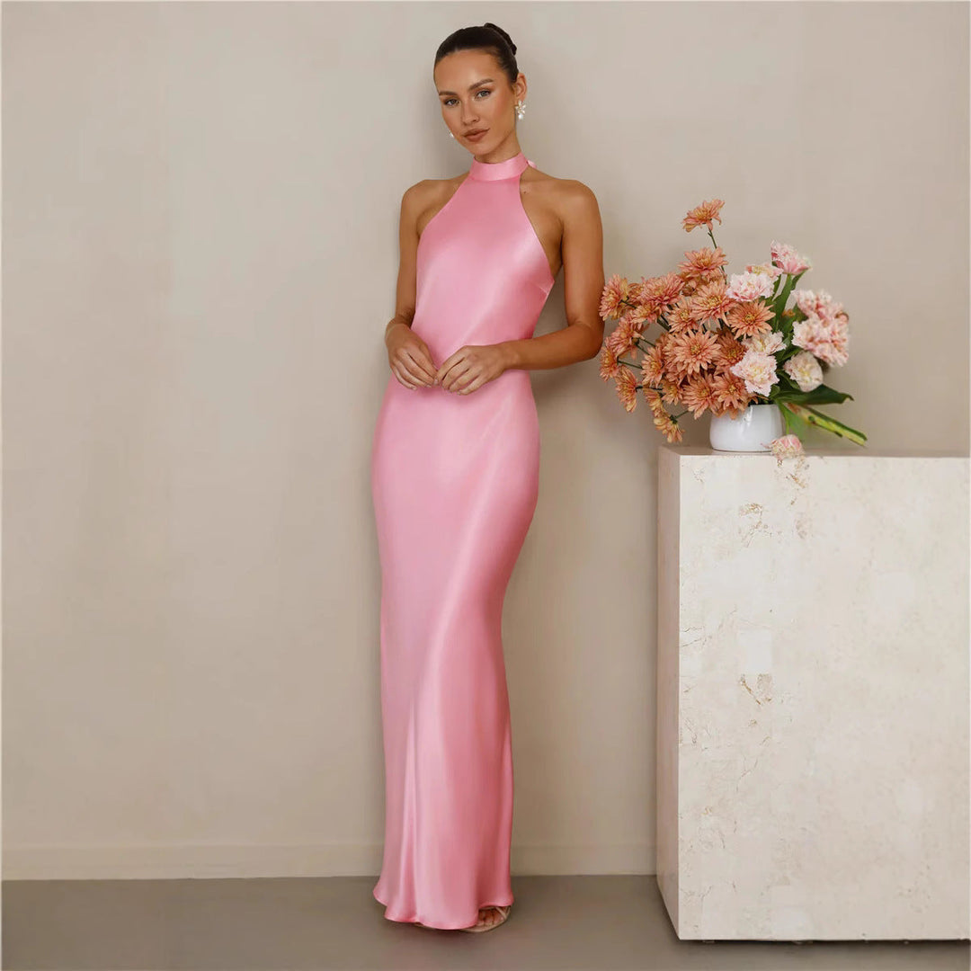 Damen Elegantes Satin-Maxikleid mit hohem Kragen und körpernahem Schnitt Shopnory