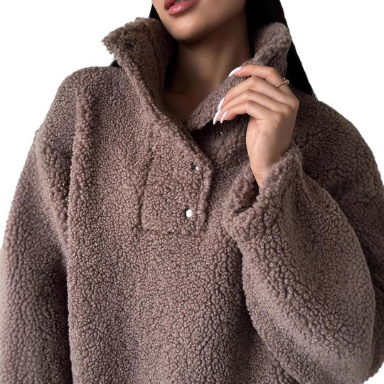 Damen Oversized Teddy-Pullover mit halber Druckknopfleiste und Stehkragen Shop Nory