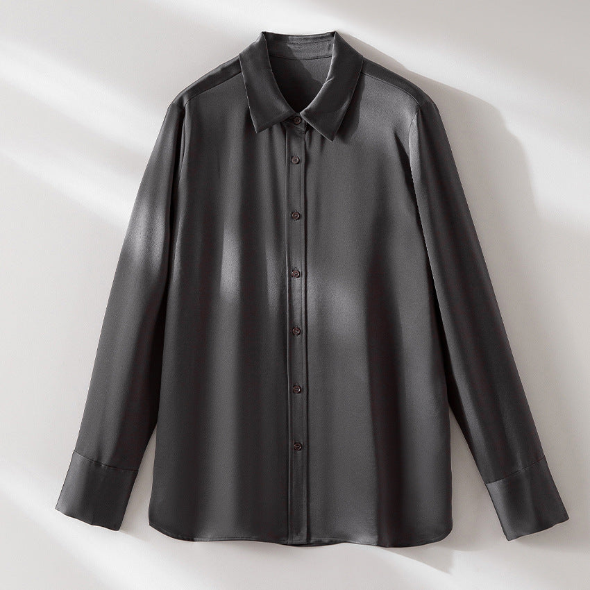 Damen Seiden-Optik Bluse mit Hemdkragen, verdeckter Knopfleiste und verlängertem Manschetten-Detail Shop Nory