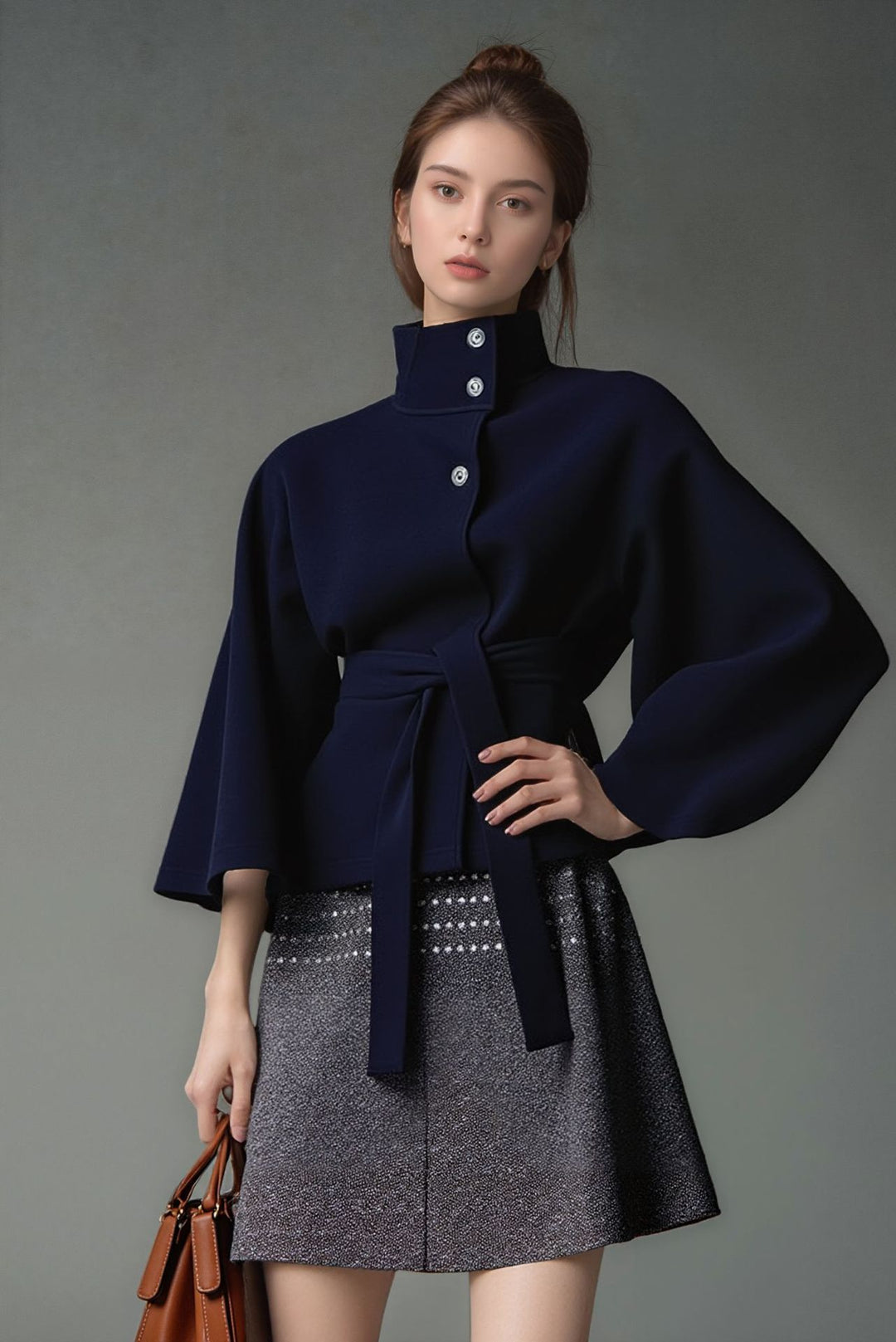 Damen nan kastiges Kurzcape Mantel mit Stehkragen und Bindegürtel Shop Nory