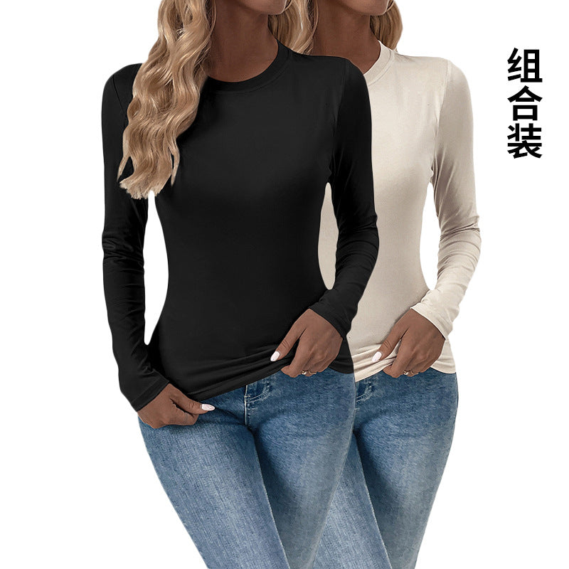 Damen Enganliegendes Langarmshirt mit Rundhalsausschnitt und Stretch-Basic Shop Nory