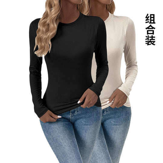 Damen Enganliegendes Langarmshirt mit Rundhalsausschnitt und Stretch-Basic Shop Nory
