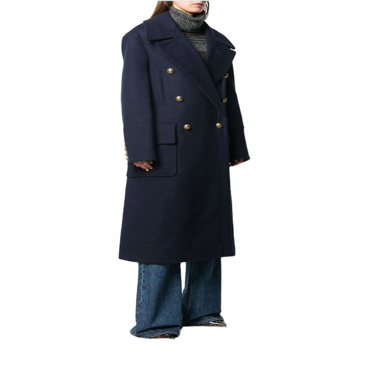 Damen Marineinspirierter Zweireiher-Longcoat aus Wollmix mit Oversize-Revers Shop Nory