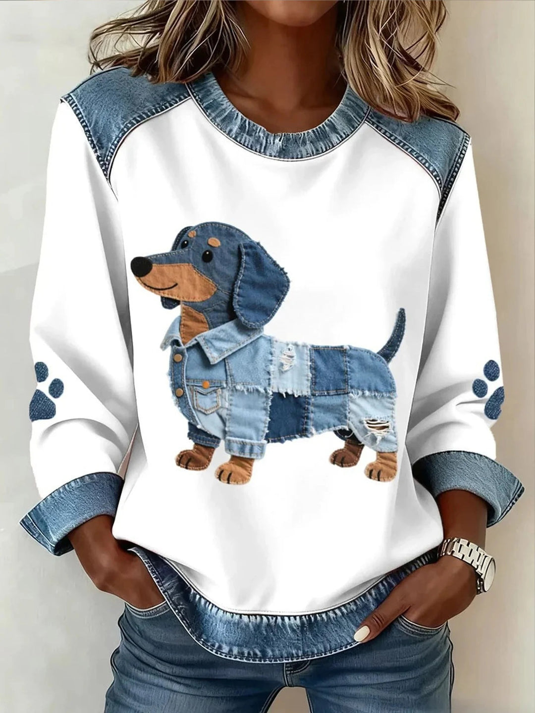 Damen Modischer Sweatshirt mit Karomuster und Denim-Details