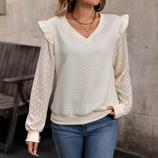 Damen Stepppullover mit V-Ausschnitt und Spitzenärmeln Shop Nory