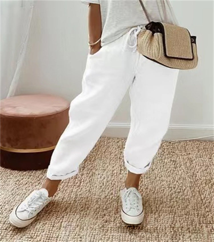 Damen Lässige Leinen-Joggerhose mit hohem Bund, Tunnelzug und gekrempeltem Saum Shop Nory