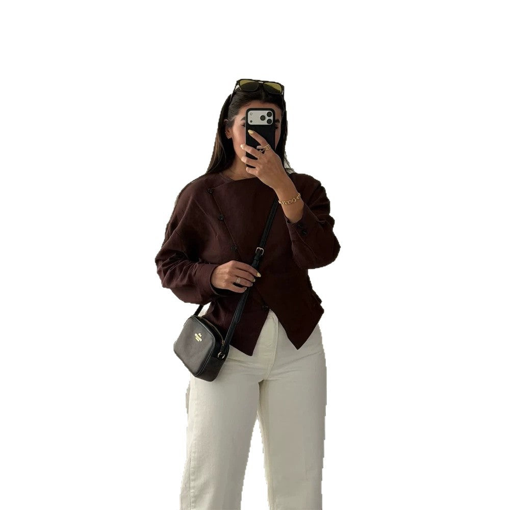 Damen Asymmetrische taillierte Bluse mit diagonaler Knopfleiste Shop Nory