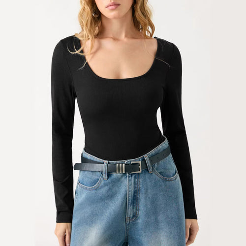 Damen Tailliertes Rippfeinstrick-Longsleeve mit weitem U-Boot-Ausschnitt Shop Nory