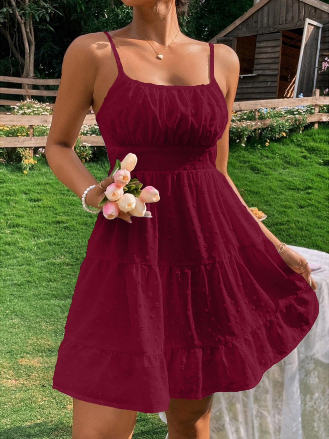 Damen Sommerkleid mit Rüschen und verstellbaren Spaghettiträgern