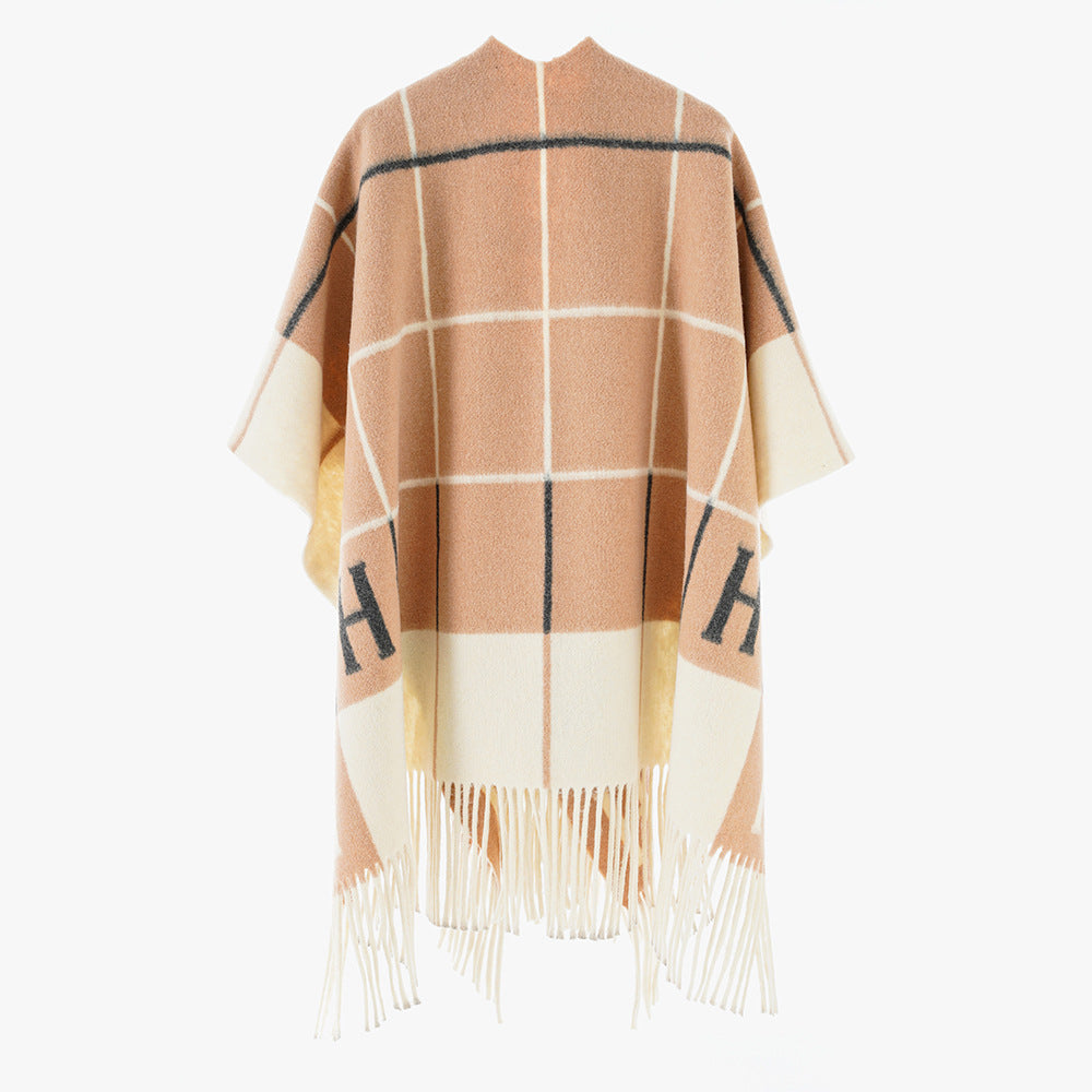 Damen Oversize-Überwurf aus Wollmix mit Monogramm-Karomuster und Fransensaum Shop Nory