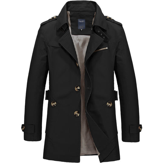 Herren Kurzer Doppelreihiger Trenchcoat mit Reverskragen, Schulterklappen und karierter Innenfütterung Shop Nory
