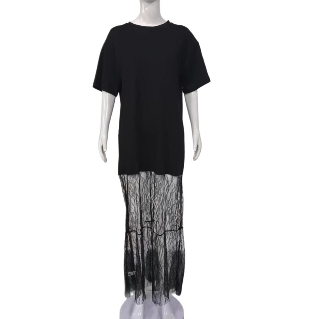 Damen Langes Lagenkleid mit Oversize-T-Shirt-Top und transparentem Spitzenunterrock Shop Nory