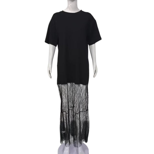 Damen Langes Lagenkleid mit Oversize-T-Shirt-Top und transparentem Spitzenunterrock Shop Nory
