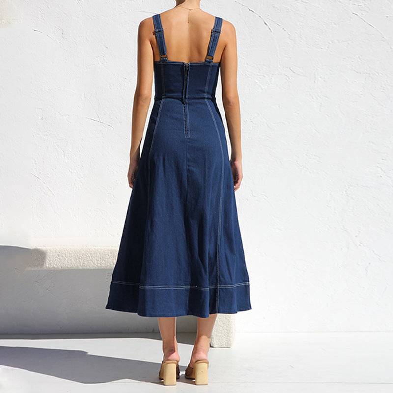 Damen langes Jeanskleid mit Knopfleiste und praktischen Taschen