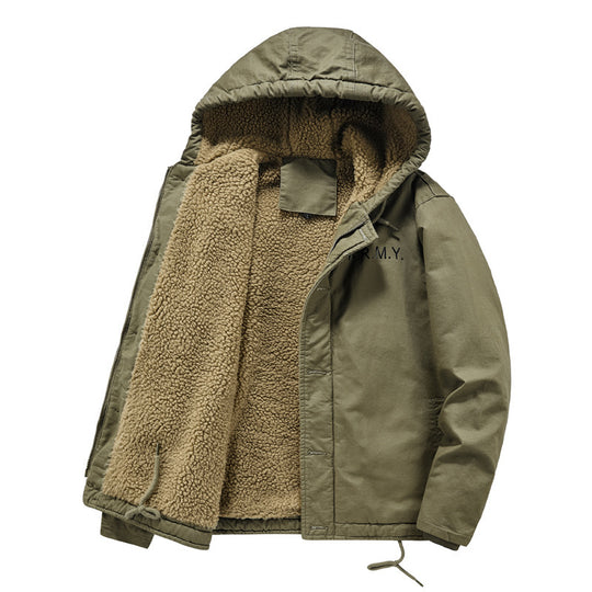 Herren wattierte Kapuzenjacke im Canvas‑Look mit Sherpa‑Futter und Militärprint Shop Nory