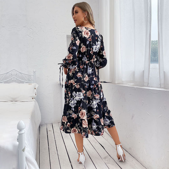 Damen Blumiges Stufen-Midikleid mit Taillenschnürung und Ballonärmeln Shop Nory