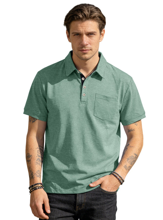 Herren nan Kurzarm-Polokragen-Shirt aus texturiertem Jersey mit Brusttasche und kontrastierter Knopfleiste