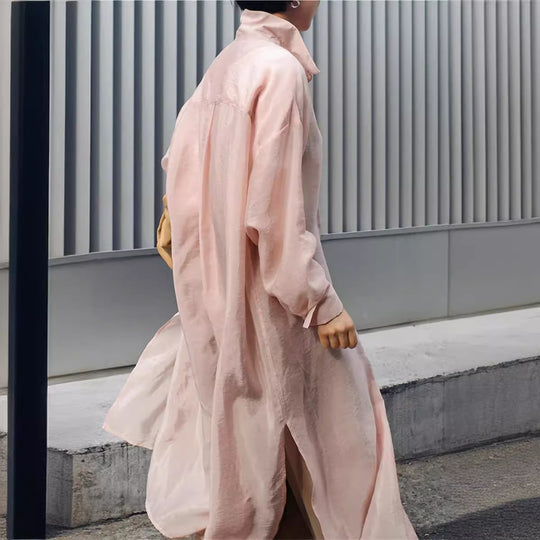 Damen Langer Satin‑Effekt Duster mit Stehkragen, Oversize‑Schnitt und tiefen Seitenschlitzen Shop Nory