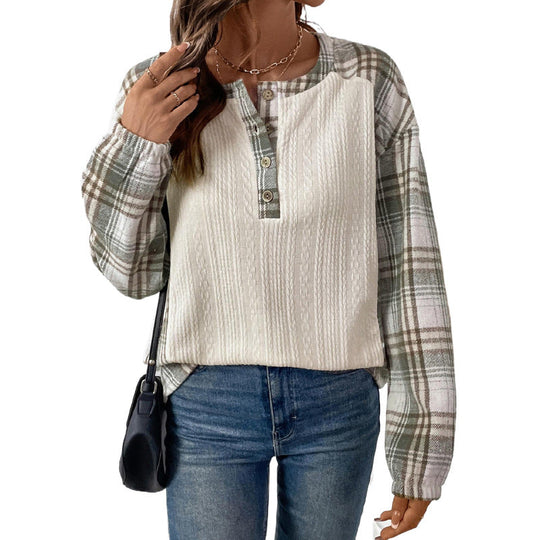 Damen Langärmeliges Strick-Blend-Shirt mit Karo-Ärmeln, Henley-Knopfleiste & Strukturmix Shop Nory