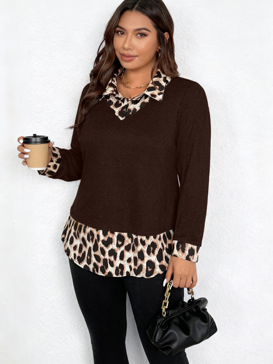 Damen Lagenlook-Pullover mit V-Ausschnitt und Leoprint-Blusen-Einsatz Shop Nory