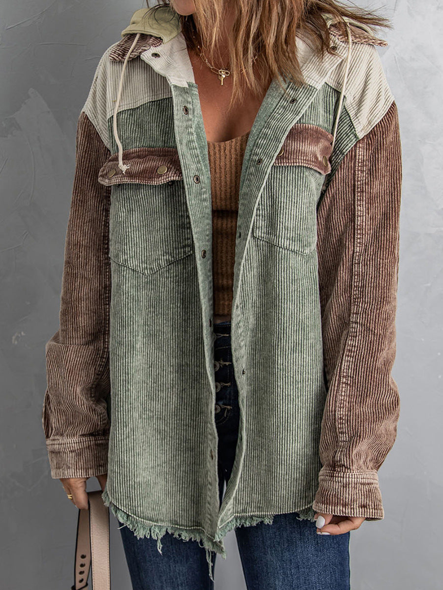 Shopnory | Jacke mit Kapuze Oversized Fit Cord-Textur Knopfverschluss Fransenrand