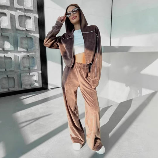 Damen Crop-Zip-Samtjacke und weite High-Waist Palazzo-Sweathose Set Shop Nory