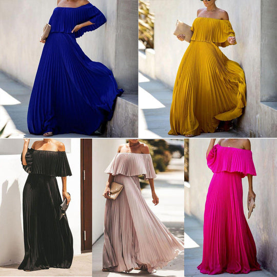 Damen Maxikleid mit asymmetrischem Plisseefall und schulterfreiem Design
