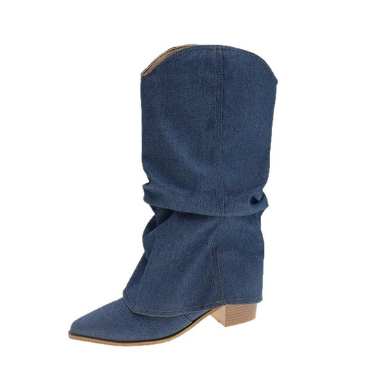 Damen Slouchy Cowboy‑Stiefel aus Denim mit spitzer Zehenform und niedrigem Blockabsatz Shop Nory
