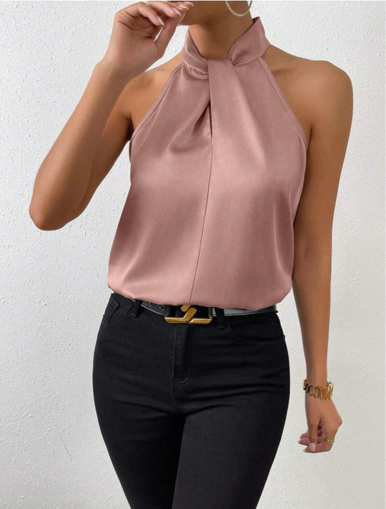 Damen Knoten Hals Stil Top Seide