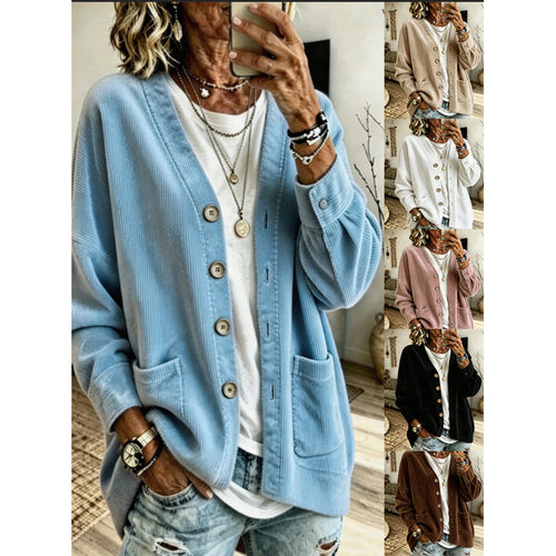 Damen Oversized Cord-Cardigan mit aufgesetzten Taschen und Holzknöpfen Shop Nory