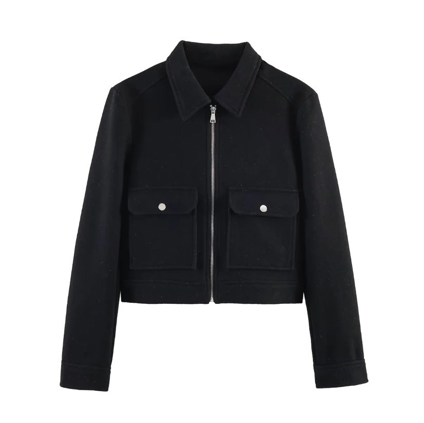 Damen kurze Boxy-Wolljacke mit durchgehendem Reißverschluss und aufgesetzten Pattentaschen Shop Nory