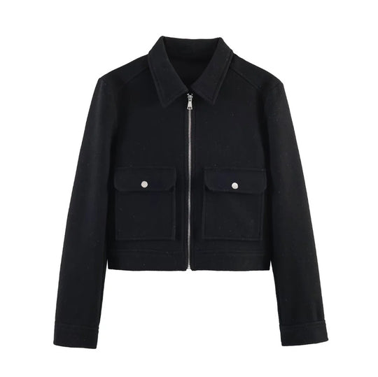 Damen kurze Boxy-Wolljacke mit durchgehendem Reißverschluss und aufgesetzten Pattentaschen Shop Nory