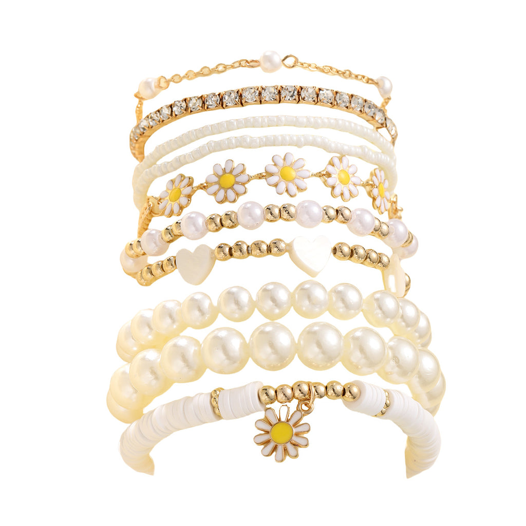 Damen Armband-Set mit stilvollen Perlen und bunten Blumenanhängern Shop Nory