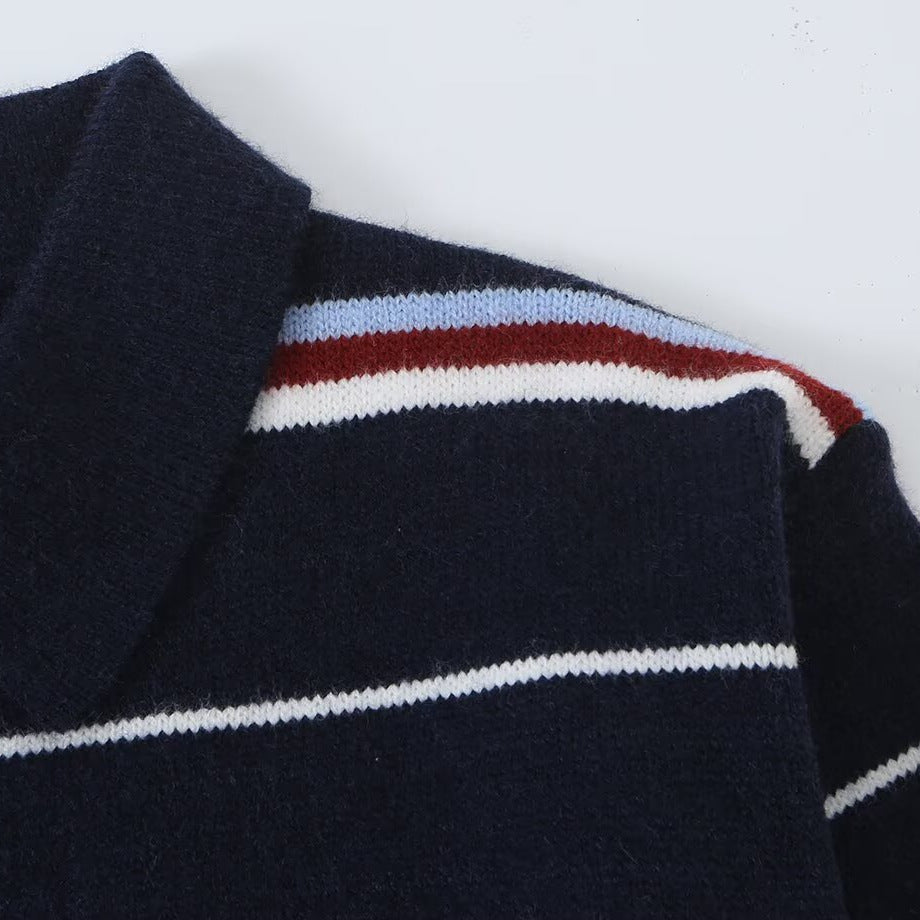 Damen Gestreifter Strickpolopullover mit kurzer Knopfleiste und Rippbündchen Shop Nory