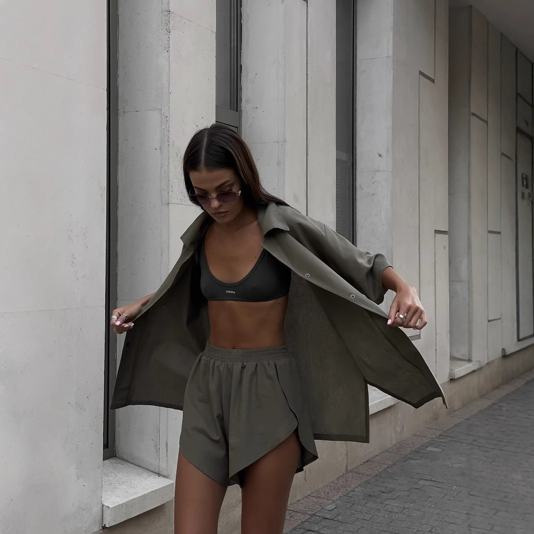 Damen kurzärmeliges Hemd- und Relax-Shorts-Set aus strukturiertem Leinenmix mit elastischem Bund Shop Nory