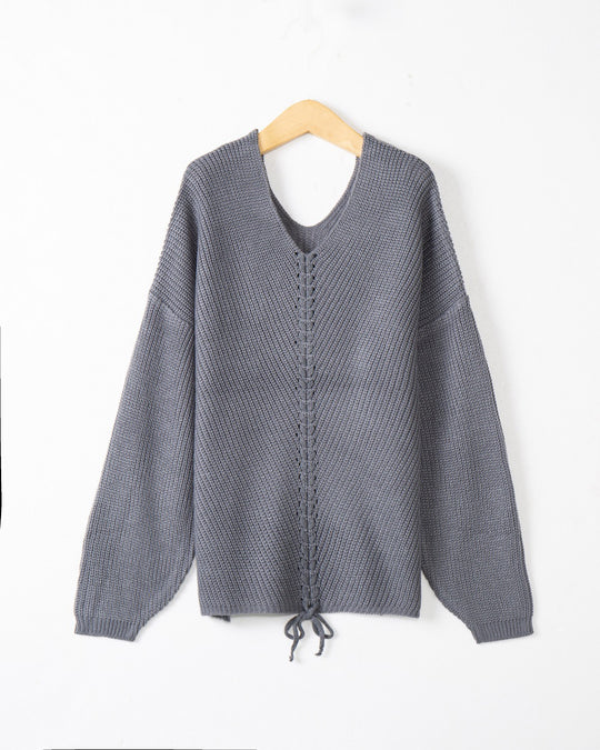 Damen Strickpullover mit Zopfmittelnaht, V‑Ausschnitt und Kordelzug Shop Nory