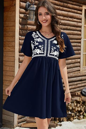 Damen Besticktes Empire-Kleid mit V-Ausschnitt, Kurzärmeln und ausgestelltem Rock Shop Nory