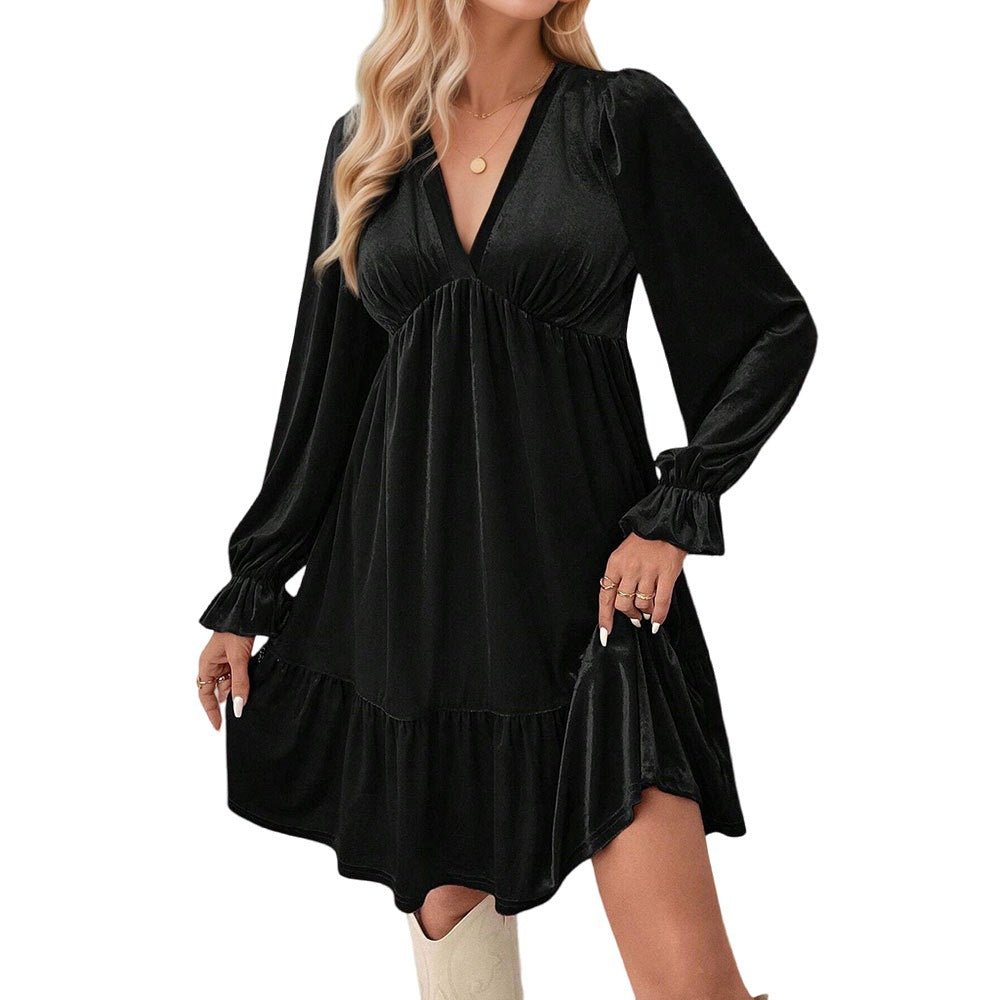 Damen samtiges A‑Linien‑Midikleid mit tiefem V‑Ausschnitt, gerafftem Bustier, Empire‑Passform und Volantstufen Shop Nory