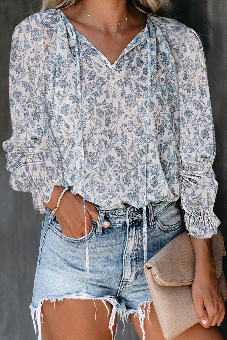 Damen Bluse mit Rüschendetails und tiefem V-Ausschnitt